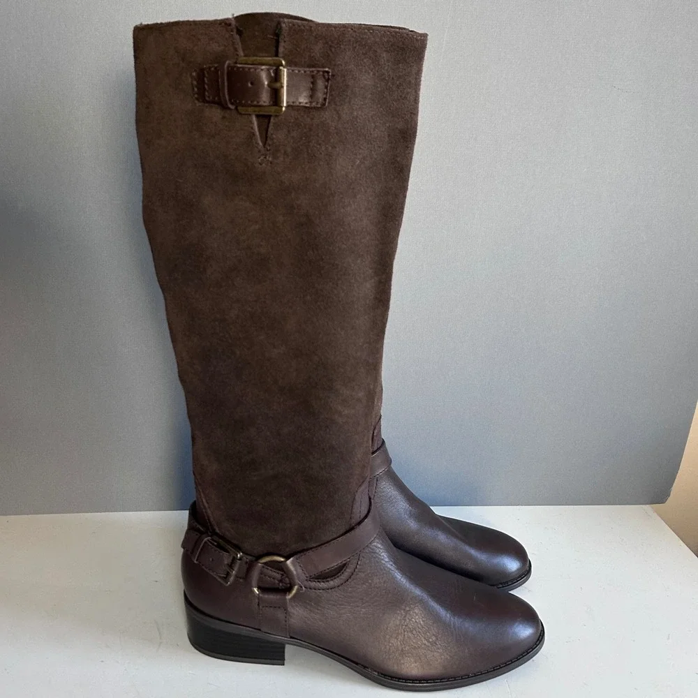 Lauren Ralph Lauren Tall Boots Size 8 Brown Suede Leather Riding Harness